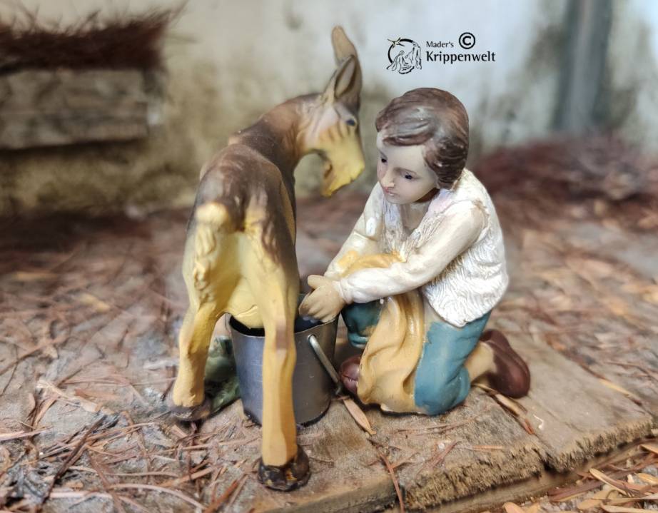 klicken um großes Bild anzuzeigen Krippenfiguren aus Kunstharz ein kniender Junge mit Ziege