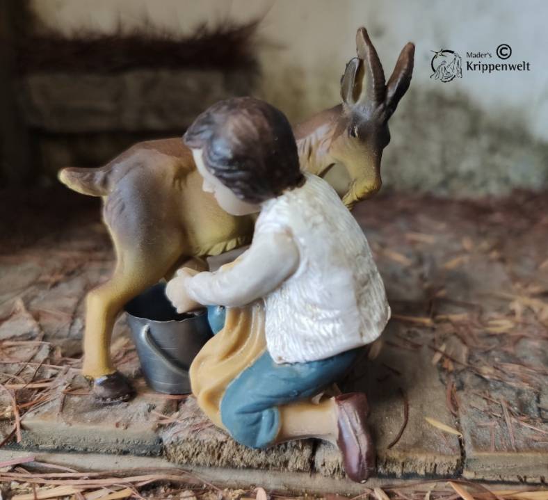 klicken um großes Bild anzuzeigen Krippenfiguren aus Kunstharz ein kniender Junge mit Ziege