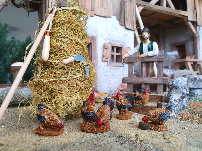 klicken um großes Bild anzuzeigen Krippenfiguren, ein Hahn und vier Hennen aus Kunstharz
